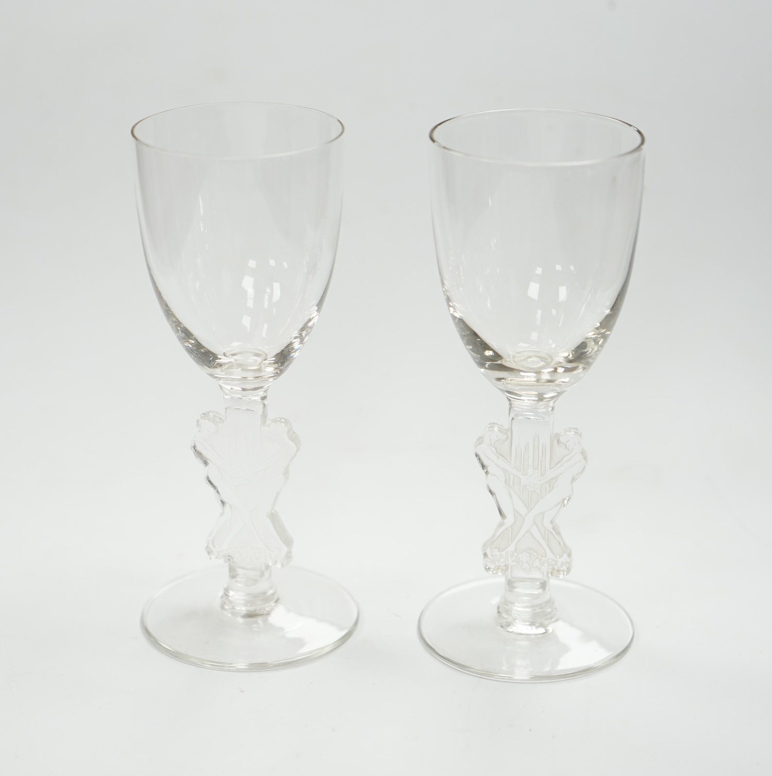 Two rare R. Lalique ‘Strasbourg’ liqueur glasses, signed, Marcillac 5086, height 11.5cm. Condition - good